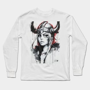 Black Ink Viking Woman Long Sleeve T-Shirt